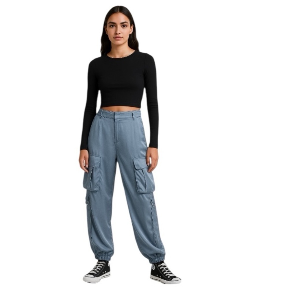 Zara Blue High Rise Y2K Bohemian Pockets Cargo Relaxed Fit Satin Pants Size XS